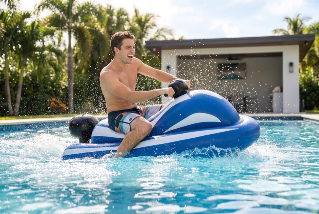 A rider gripping the handlebars of the myblaus inflatable jetski, speeding across a sunny lake